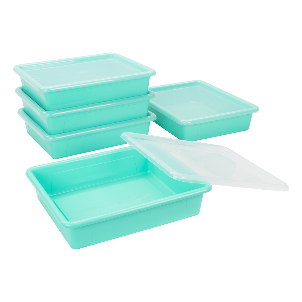 Storex Flat Storage Tray with Lid, Letter Size, 10 x 13 x 3 Inches, Teal, 5-Pack