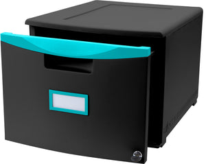 Storex One Drawer Mini File Cabinet with Lock & Casters, Legal/Letter, Black/Teal