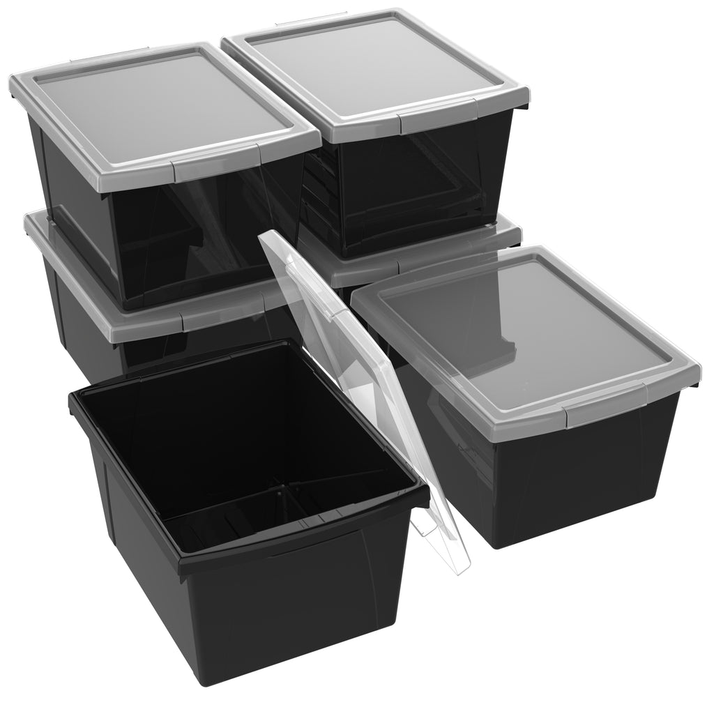 Storex 4 Gallon (15L) Classroom Storage Bin with Lid, Black, 6-Pack
