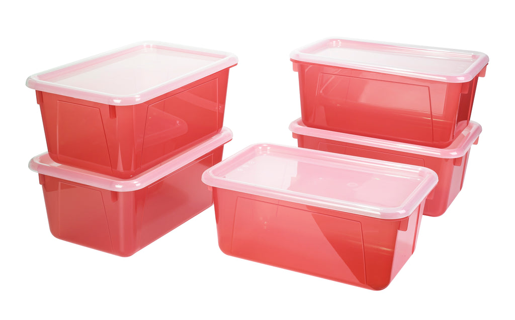 Storex Small Cubby Bin with Cover, Tint Red, 5-Pack