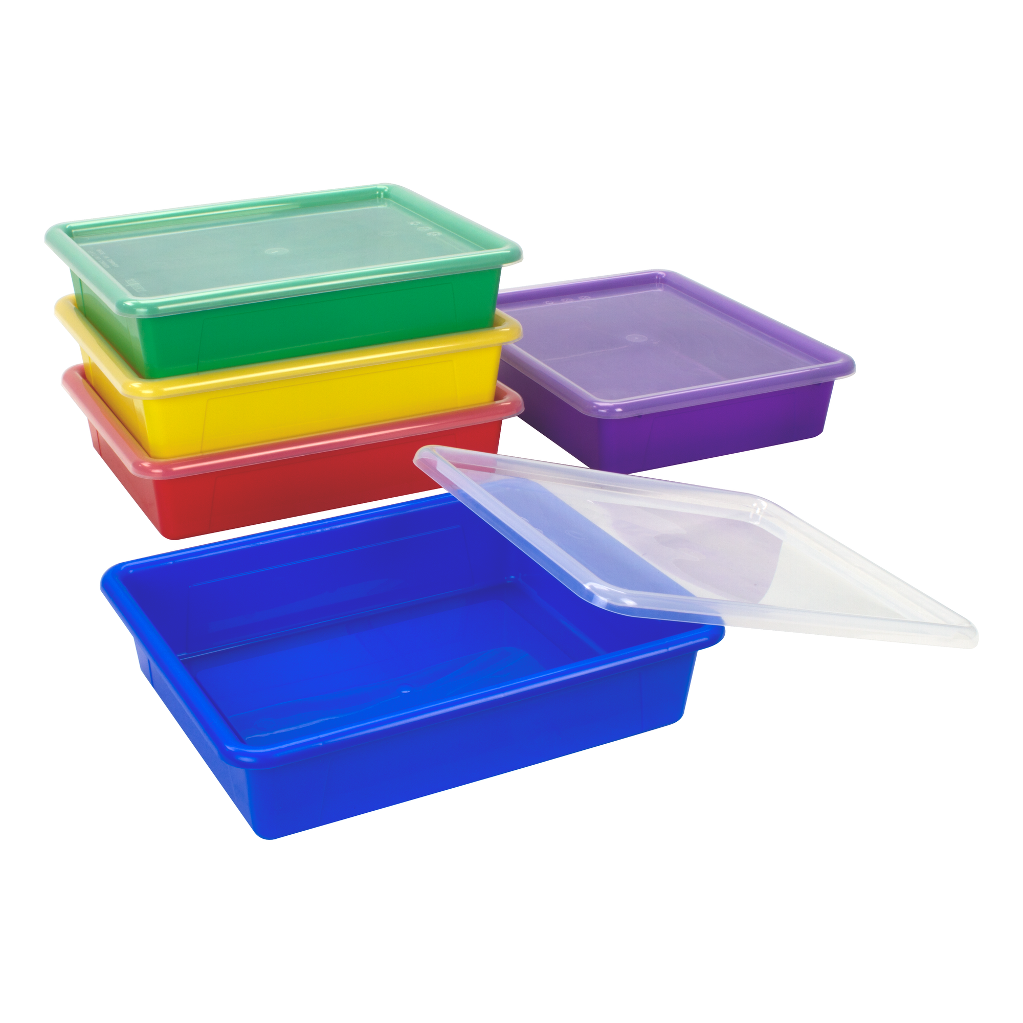 Storex Flat Storage Tray with Lid, Letter Size, 10 x 13 x 3 Inches, Assorted Colors, 5-Pack