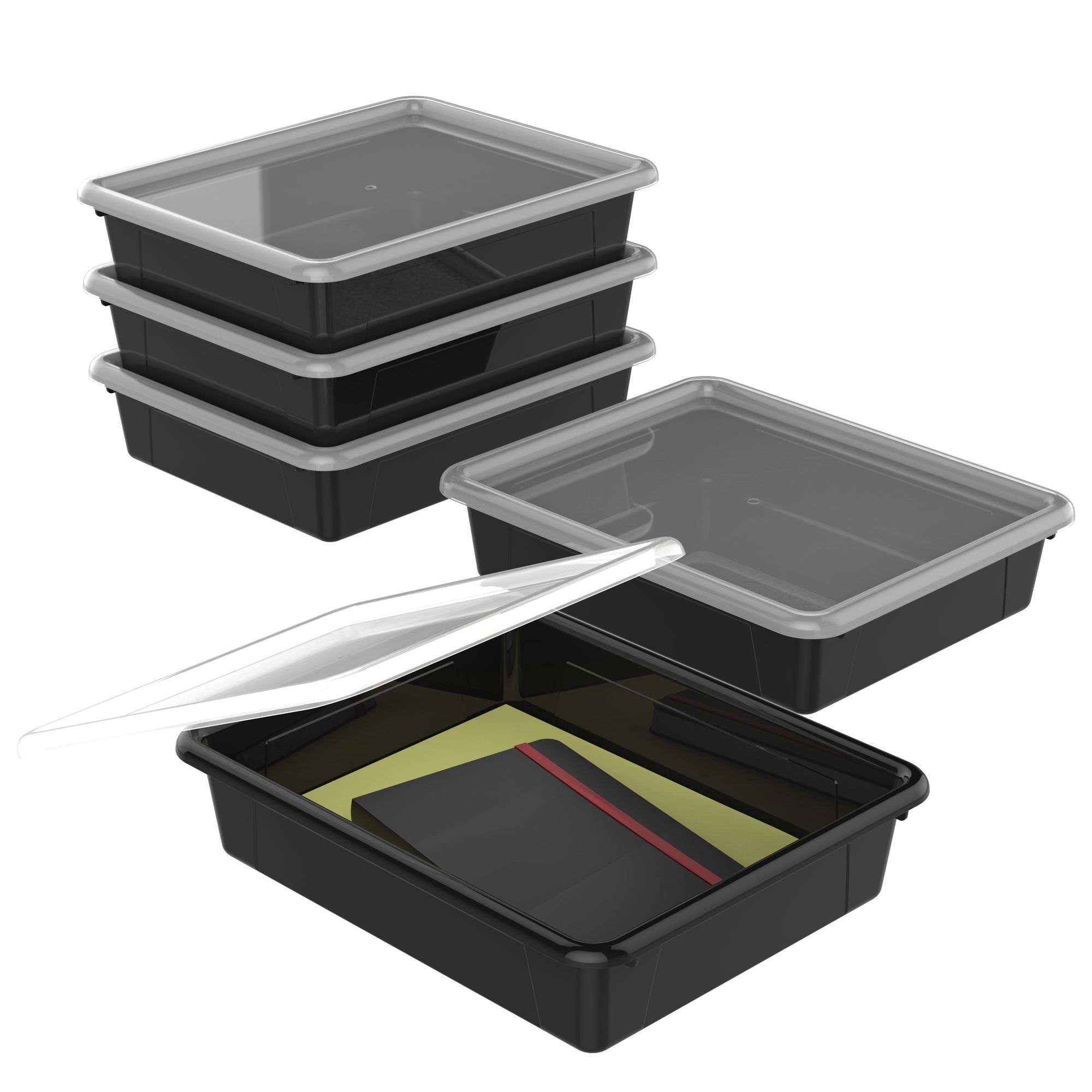Storex Flat Storage Tray with Lid, Letter Size, 10 x 13 x 3 Inches, Black, 5-Pack