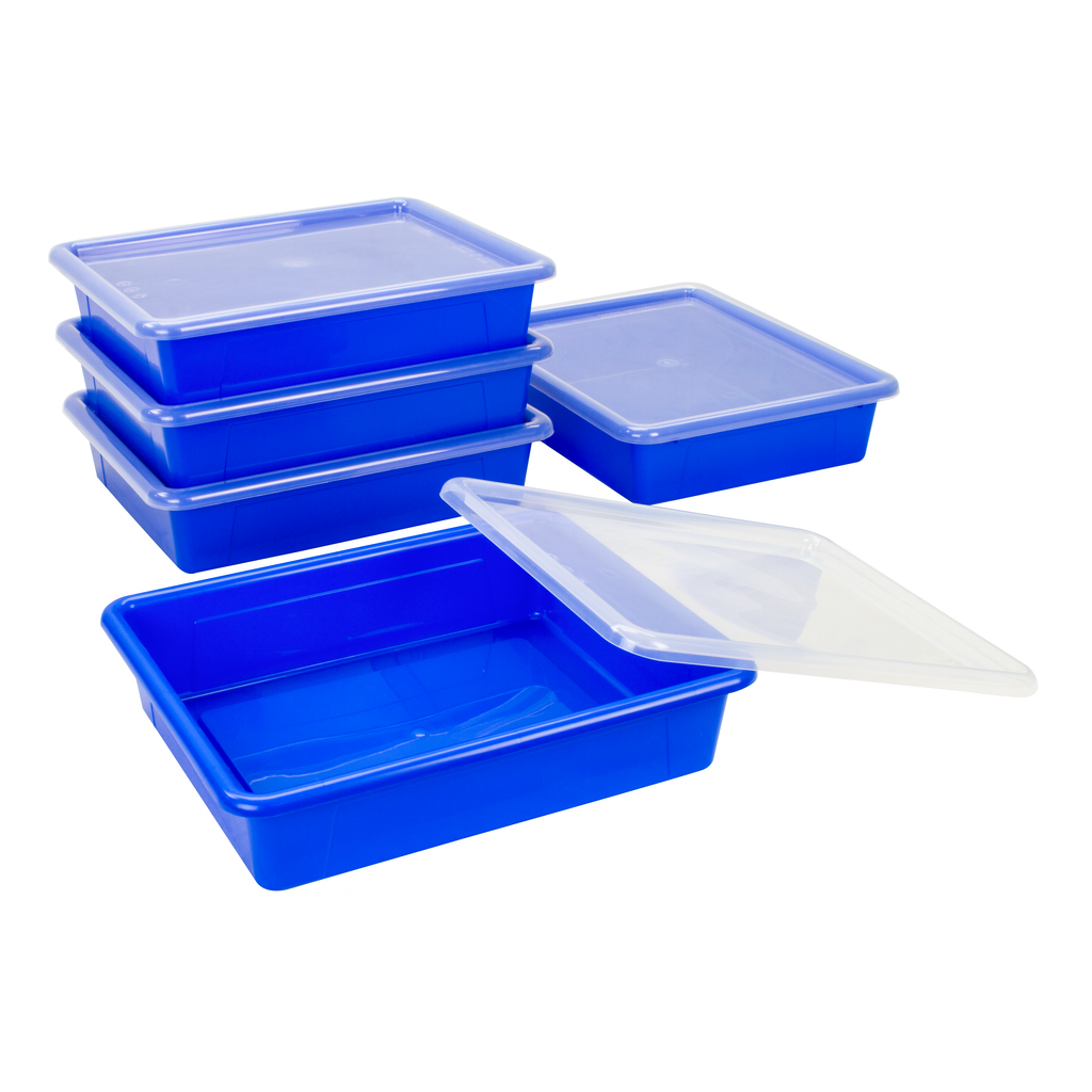 Storex Flat Storage Tray with Lid, Letter Size, 10 x 13 x 3 Inches, Blue, 5-Pack