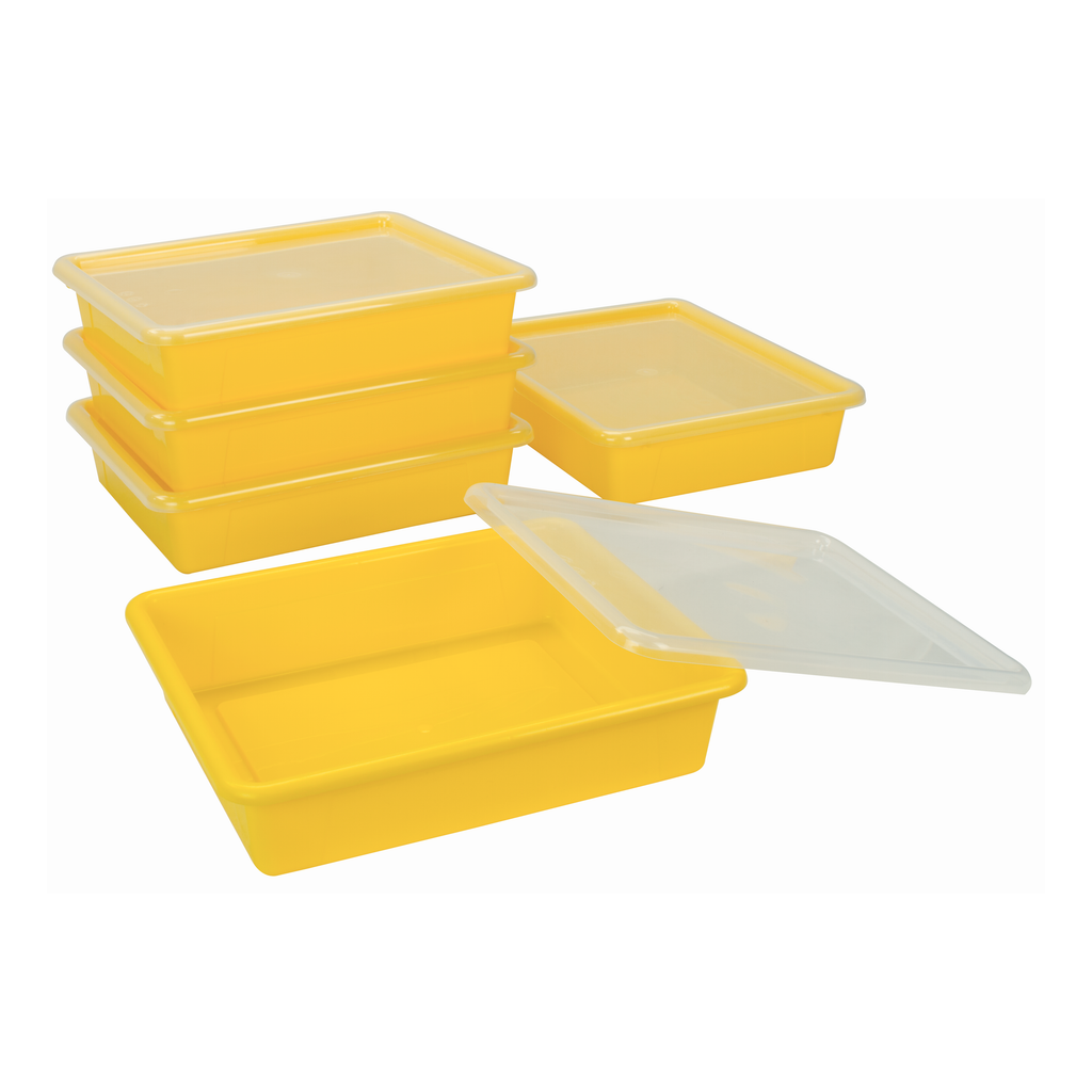 Storex Flat Storage Tray with Lid, Letter Size, 10 x 13 x 3 Inches, Yellow, 5-Pack