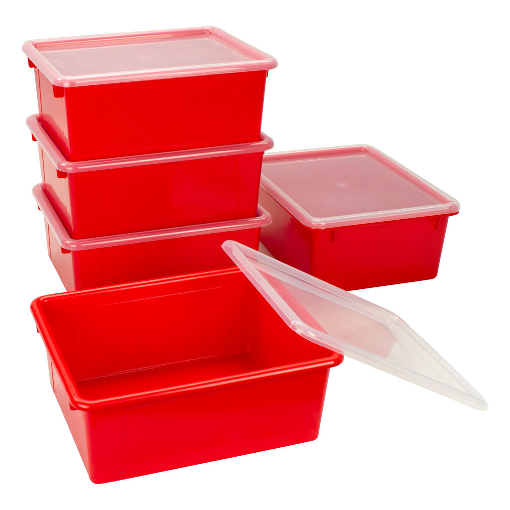 Storex Deep Storage Tray with Lid, Letter Size, 10 x 13 x 5 Inches, Red, 5-Pack