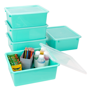Storex plateau de rangement avec couvercle, format lettre, 10 x 13 x 5 pouces, bleu sarcelle, lot de 5                  
