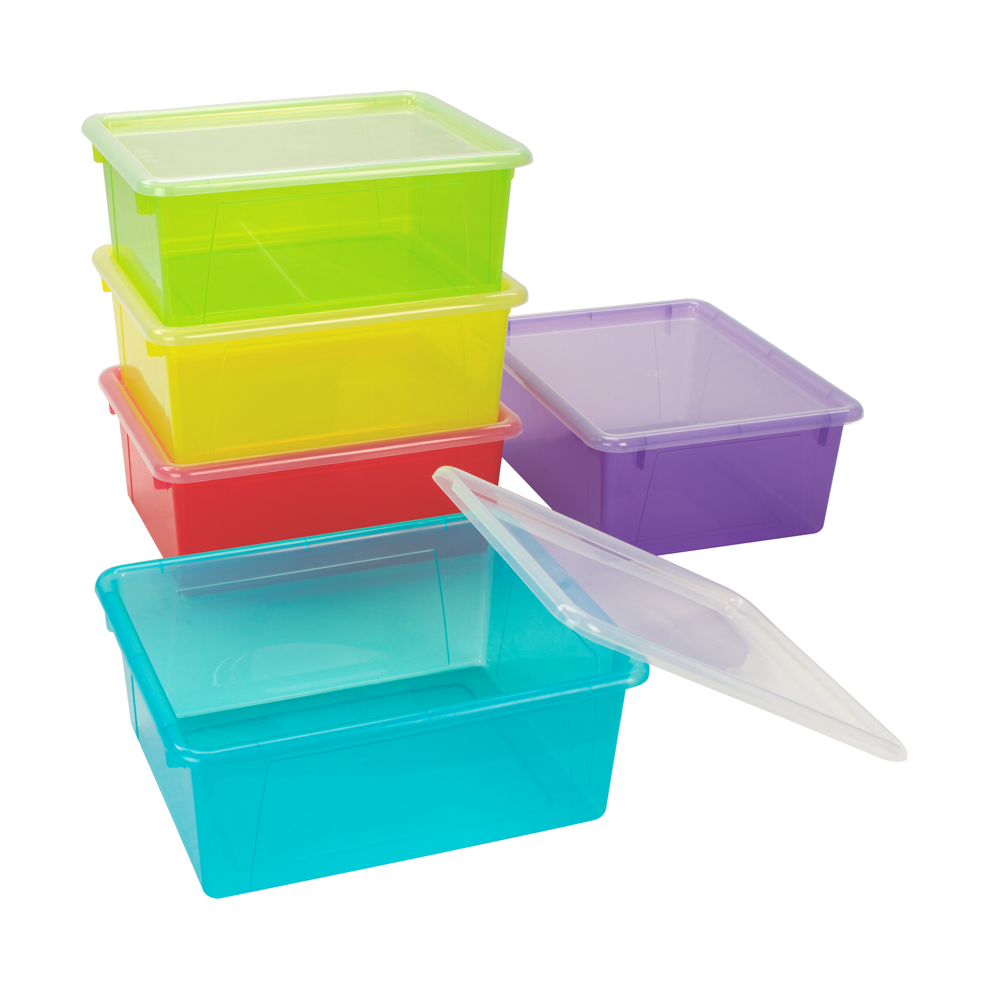 Storex Deep Storage Tray with Lid, Letter Size, 10 x 13 x 5 Inches, Assorted Tints, 5-Pack