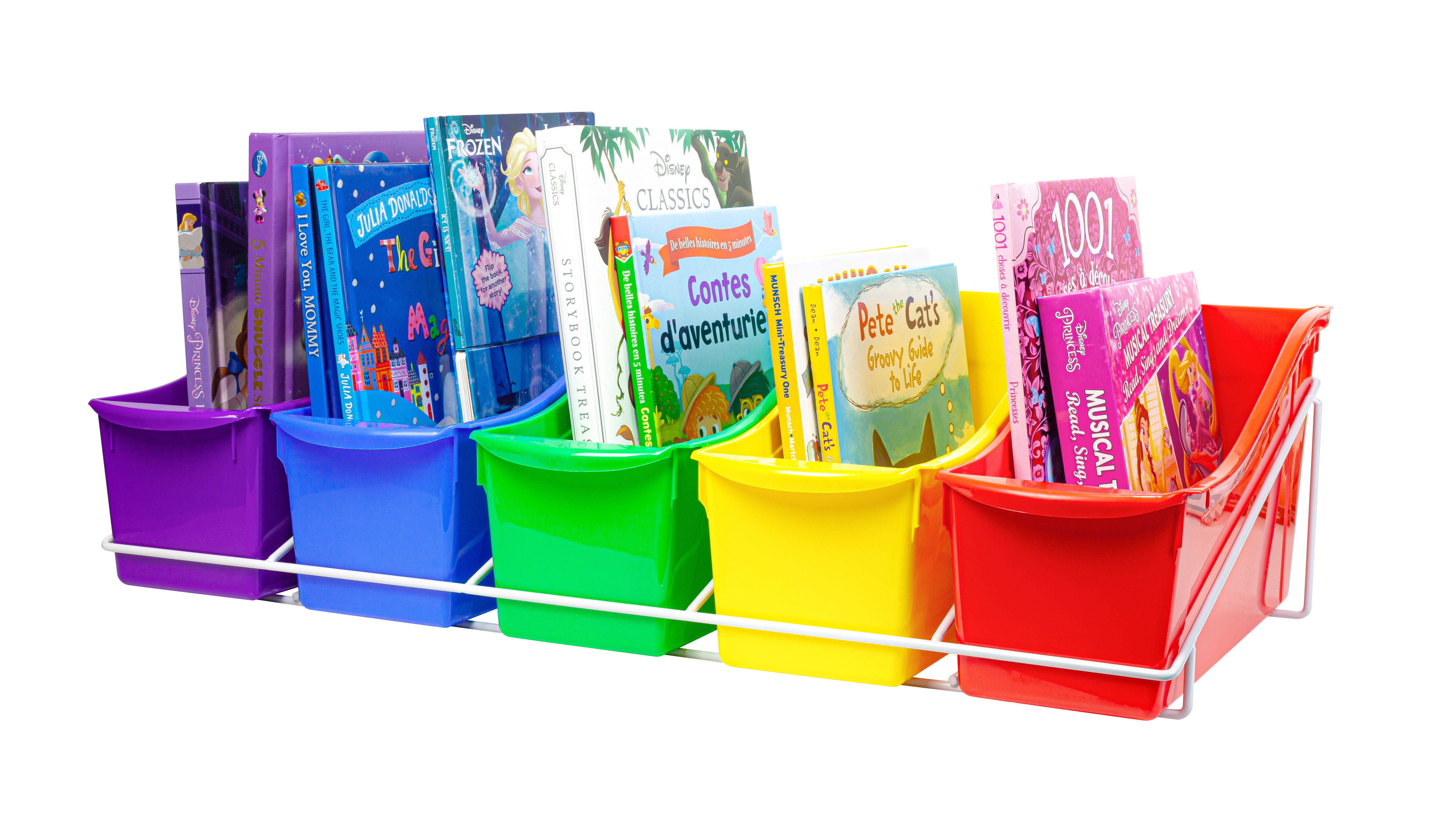 Book Bin Rack with 5 Large Assorted Bins Storex