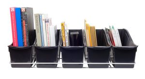 Book Bin Rack with 5 Large Black Bins