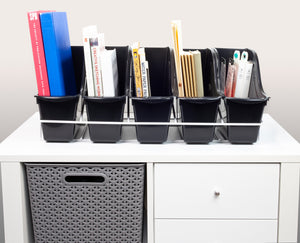Book Bin Rack with 5 Small Black Bins