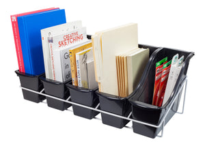 Book Bin Rack with 5 Small Black Bins